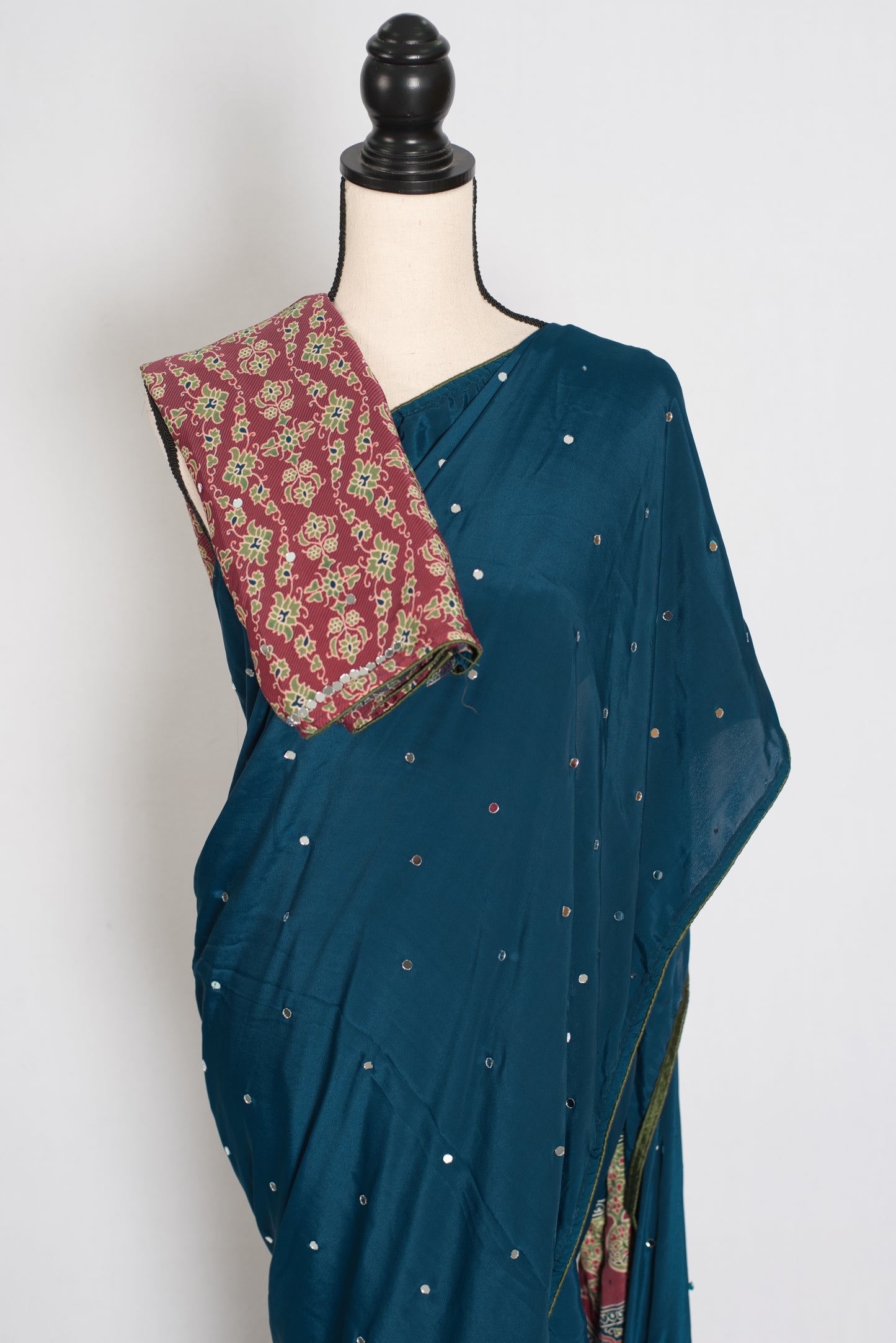 Ira | Teal Blue Mirror Work Partywear Saree | Ajrakh Printed Pallu & Blouse image 2