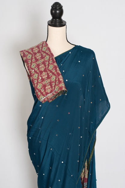 Ira | Teal Blue Mirror Work Partywear Saree | Ajrakh Printed Pallu & Blouse image 2