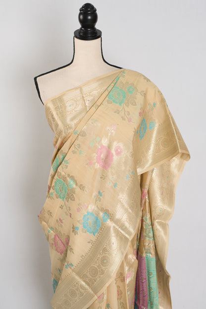 Mahi: Off-White & Gold Soft Muga Cotton Silk Saree | Floral Banarasi Weave image 6
