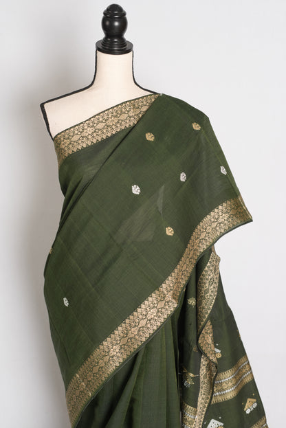 Mandira : Heena Green Pure Cotton Assamese Handloom Saree image 6