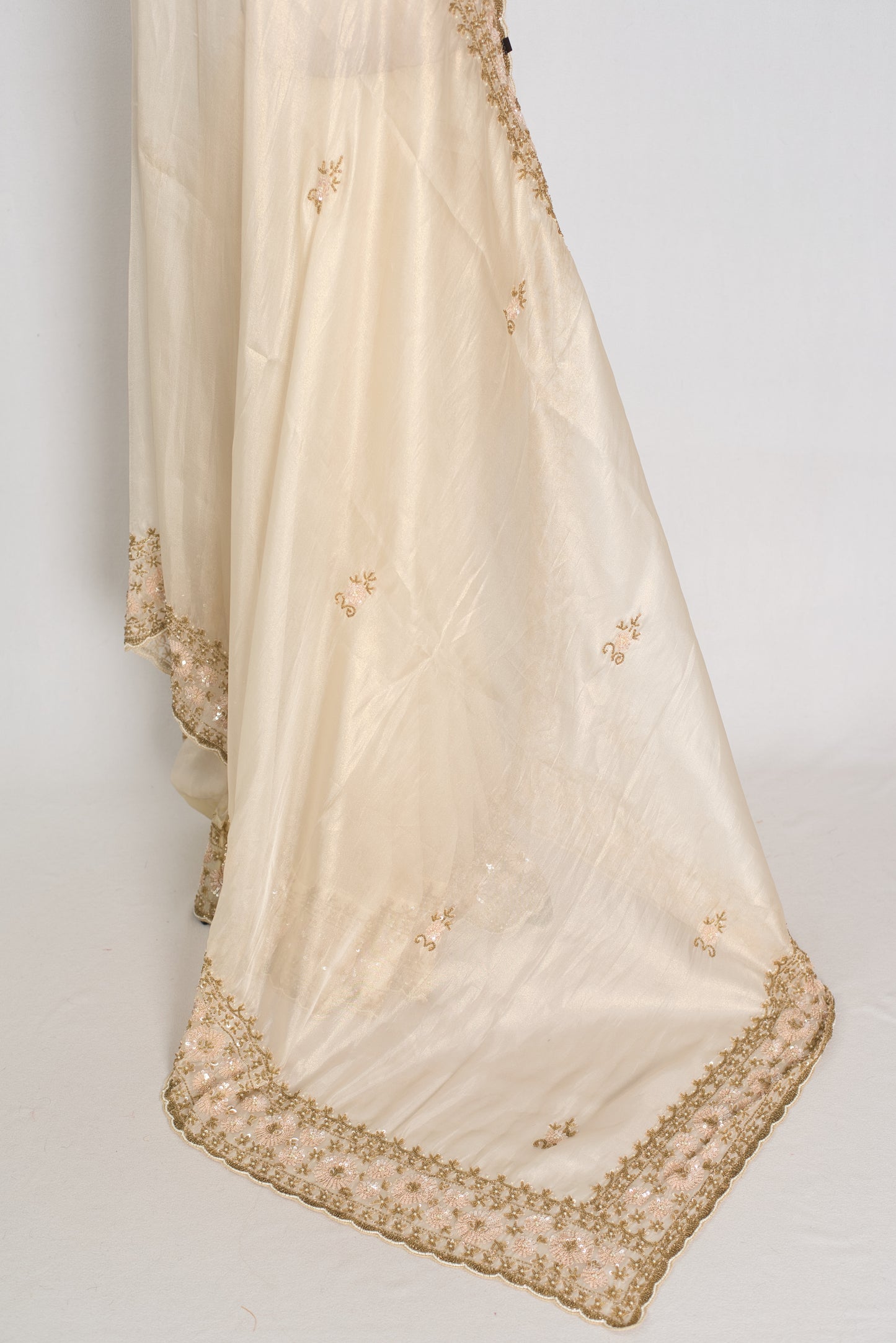 Shruti | Cream & Gold Soft Tissue Embroidered Wedding Saree | Pastel Collection image 3