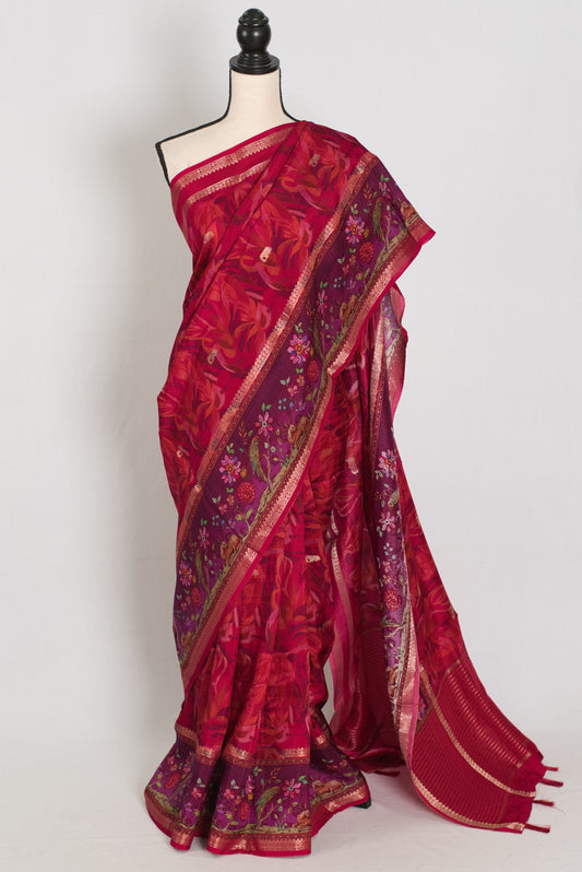 Stuti | Dark Rose Pink Dola Silk Banarasi Saree | Contrast Purple Floral Printed image 0