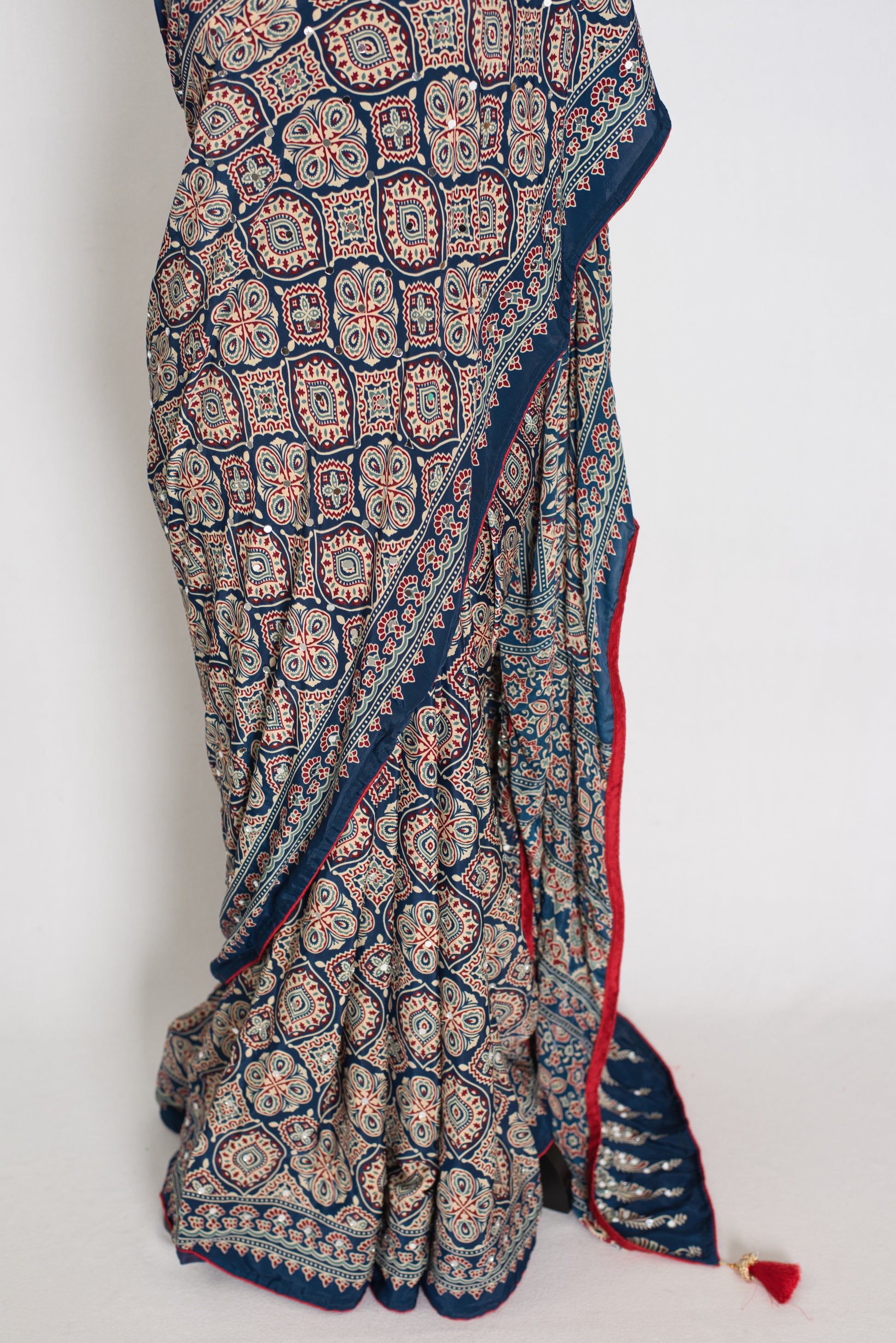 Jiya | Indigo Blue Ajrakh Printed Saree | Mirror Work Semi Modal Silk image 6