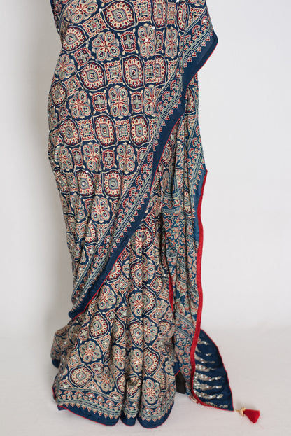 Jiya | Indigo Blue Ajrakh Printed Saree | Mirror Work Semi Modal Silk image 6