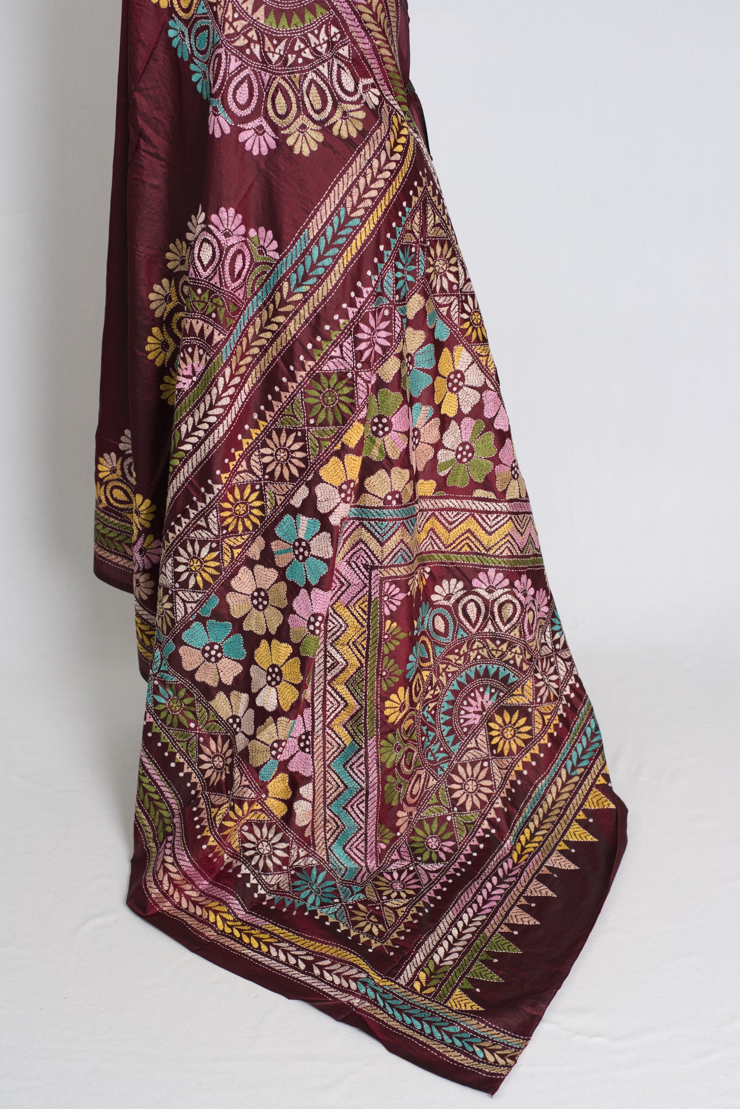 Bandana : Maroon Silk Mark Certified Hand Embroidery Kantha Stitch Saree image 1