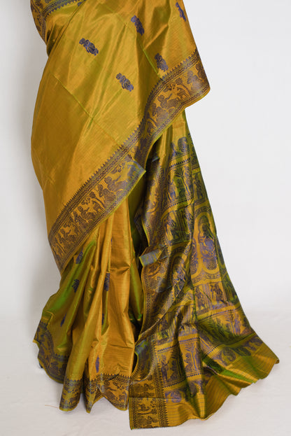 Bithi | Heena Green Handwoven Bishnupuri Baluchari Silk Saree | 38 Size Blouse image 7
