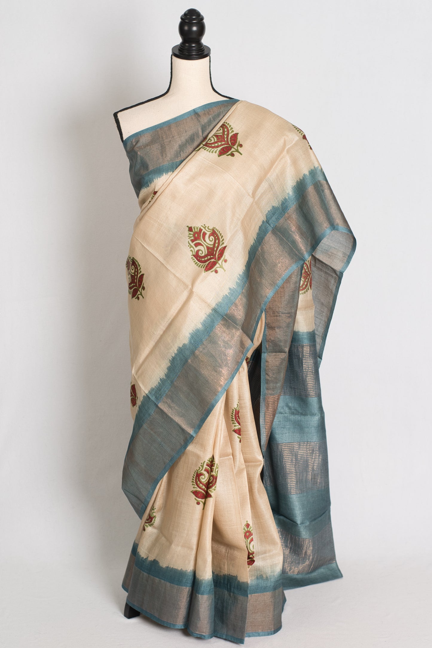 Bristy: Hand Block Printed Tussar Silk Saree in Cream and Grey image 0