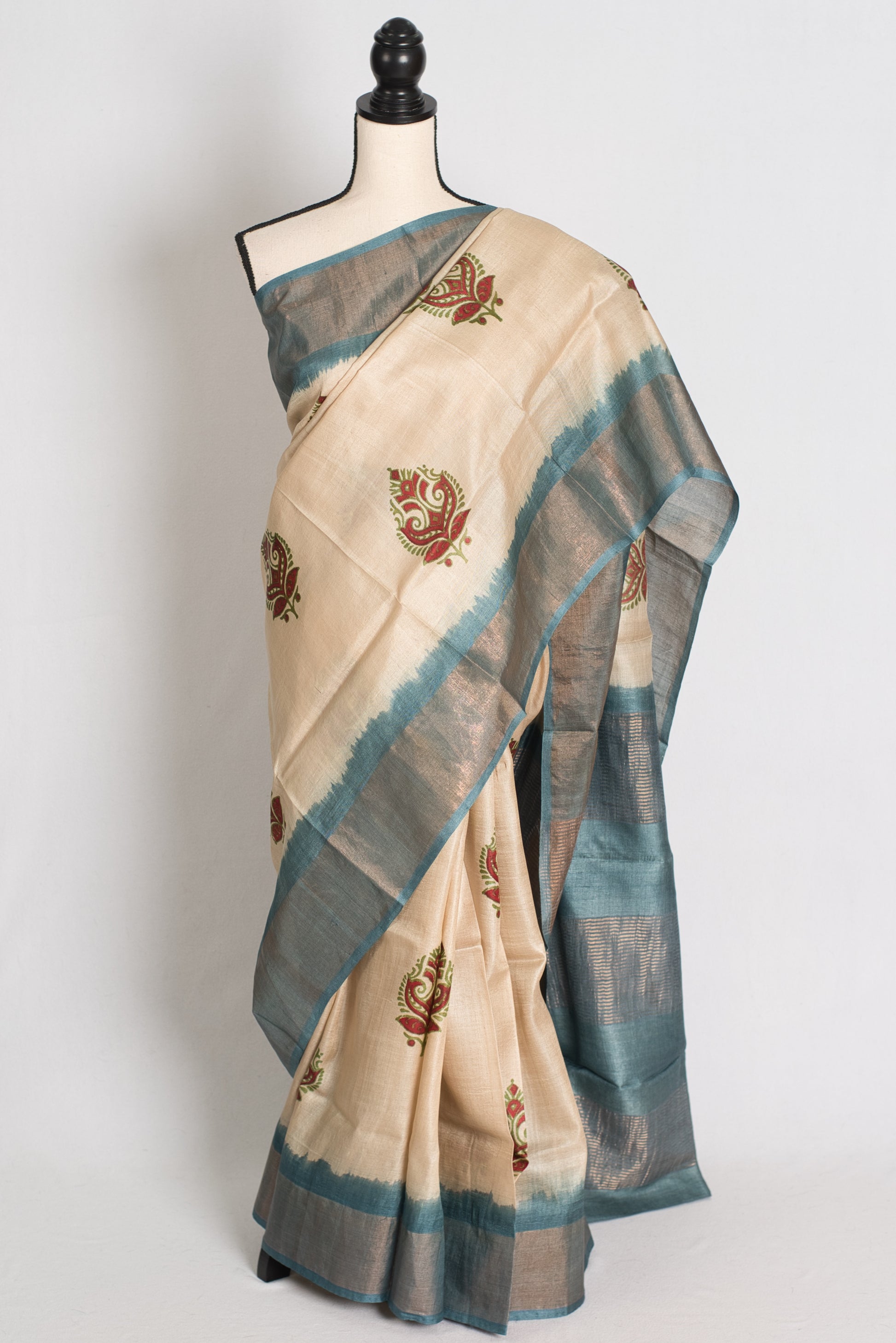 Bristy: Hand Block Printed Tussar Silk Saree in Cream and Grey image 0