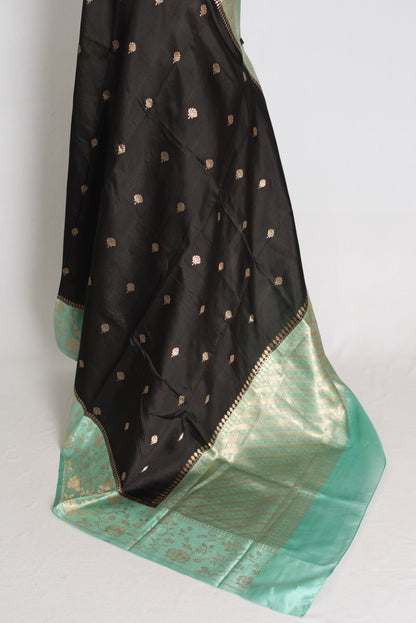 Jyothi : Jet Black & Pastel Sea Green Pure Satin Silk Banarasi Saree image 3