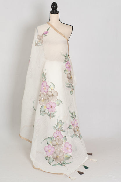 Sree | White Hand-Painted Cotton Saree | Floral Embroidery Highlights image 1