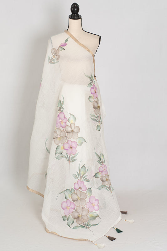 Sree | White Hand-Painted Cotton Saree | Floral Embroidery Highlights image 1