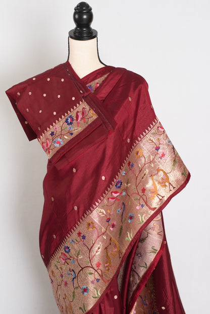 Bristi : Semi Tussar Silk Paithani Embroidered Maroon Designer Saree image 2