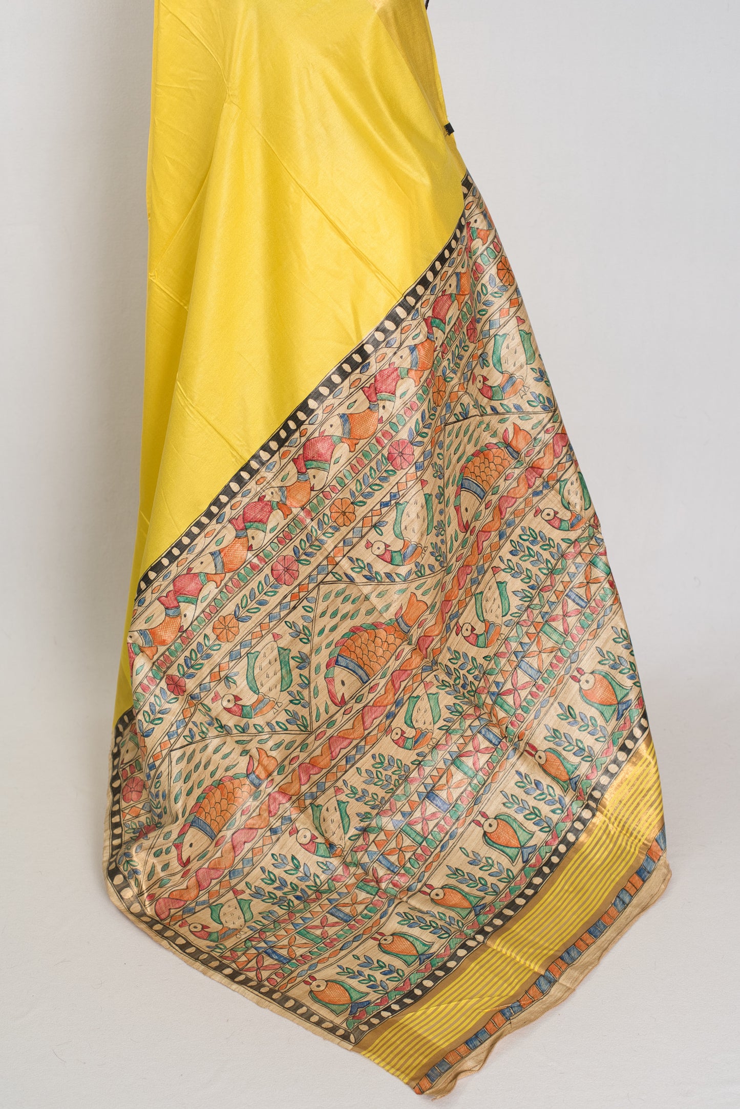 Ragini :Bright Yellow Staple Tussar Saree | Hand-Painted Madhubani Pallu image 3