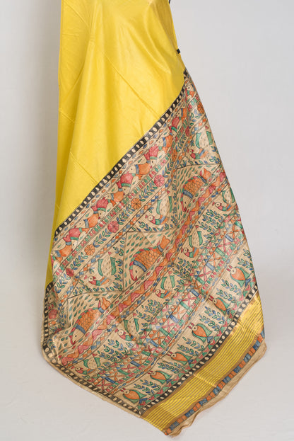 Ragini :Bright Yellow Staple Tussar Saree | Hand-Painted Madhubani Pallu image 3