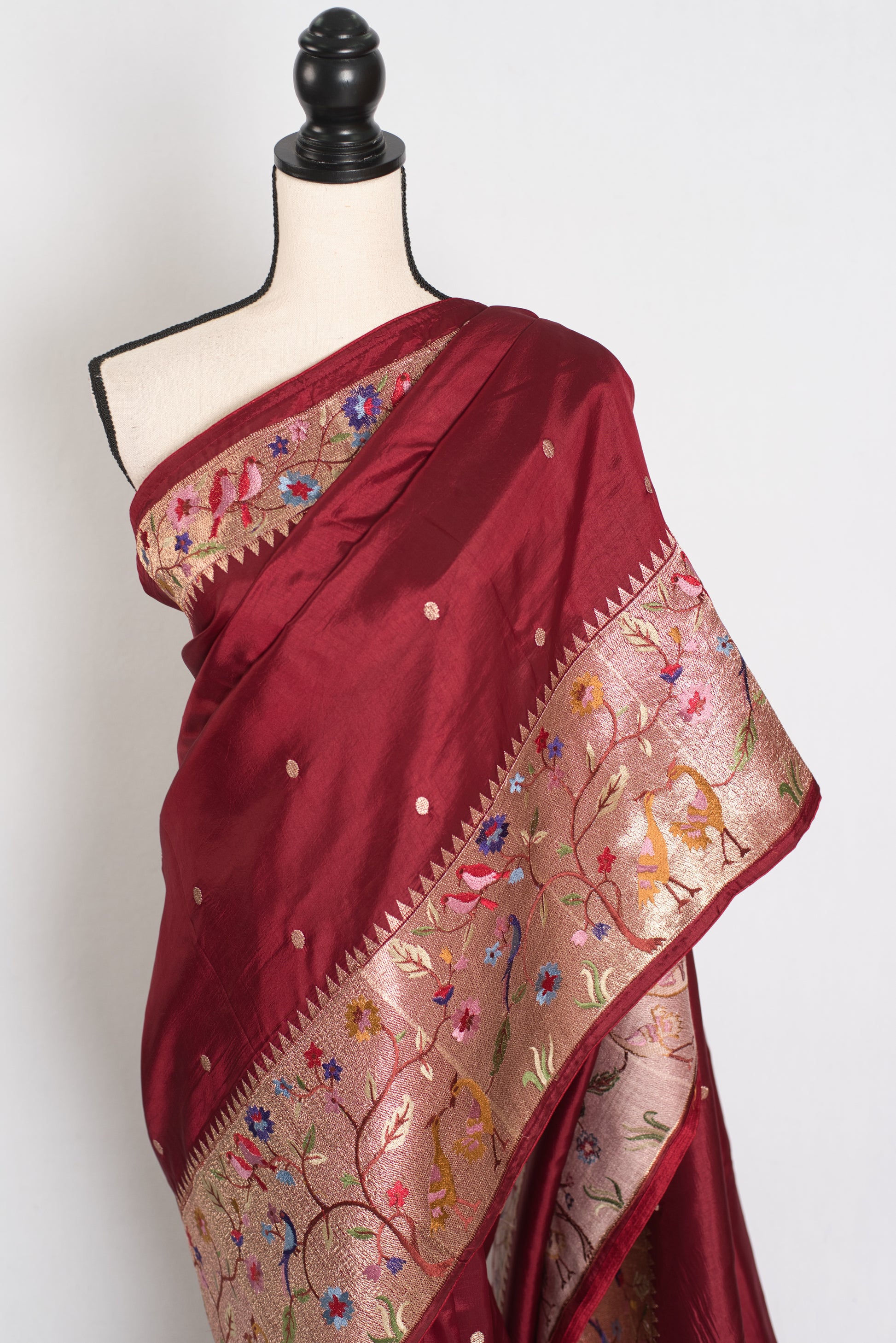 Bristi : Semi Tussar Silk Paithani Embroidered Maroon Designer Saree image 5