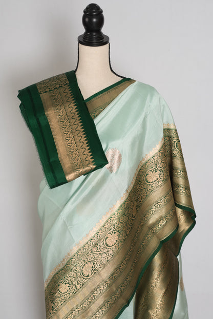 Anisha : Mint Green and Bottle Green Satin Pure Silk Banarasi Saree | Silk Mark image 2