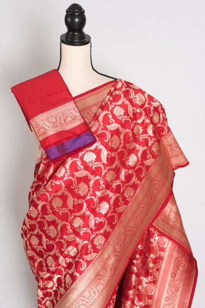 Subha : Red and Gold Katan Silk Jangla Bridal Banarasi Saree image 2