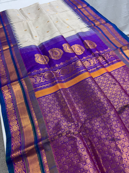 Vyanika - Handwoven Off White and Purple Traditional Gadwal Silk Saree image 4