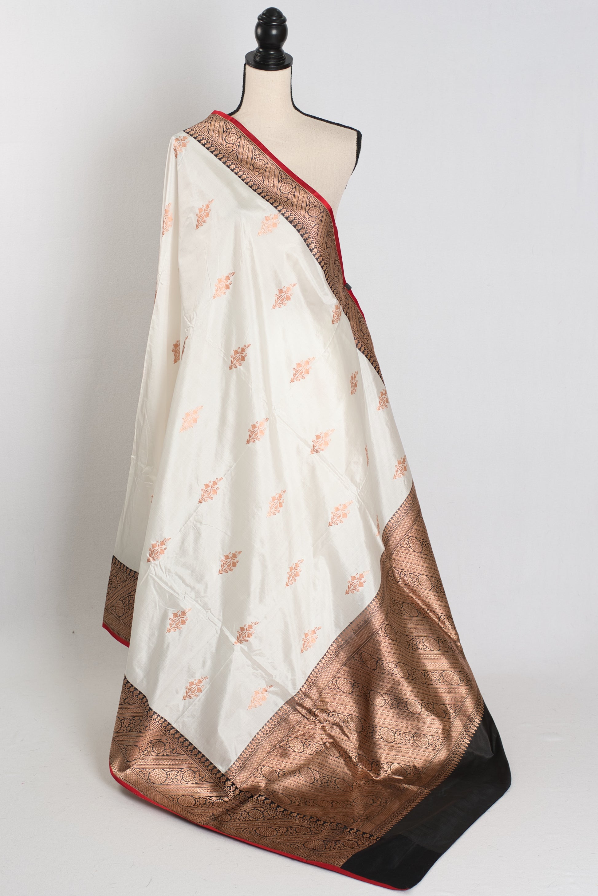 Basanti : Silk Mark Certified Katan Banarasi Saree in White and Black image 1