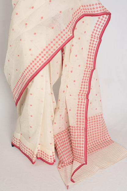 Jamini | Traditional White & Red Bengal Cotton Jamdani Saree image 5