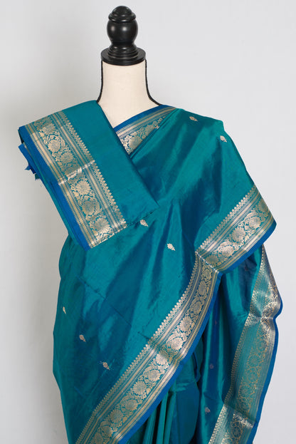 Gauri | Peacock Green & Gold Katan Silk Banarasi Saree | Silk Mark Certified image 2