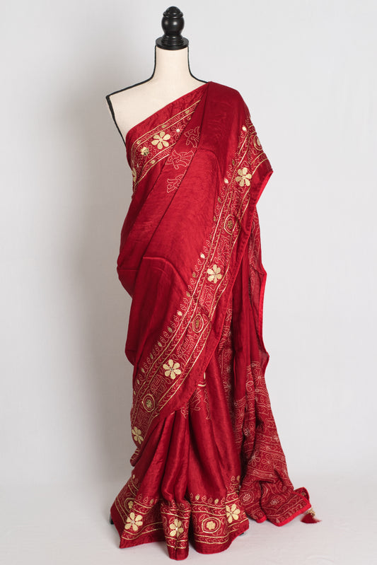 Jiya : Red Modal Silk Bandhani Saree with Gota Patti Work image 0