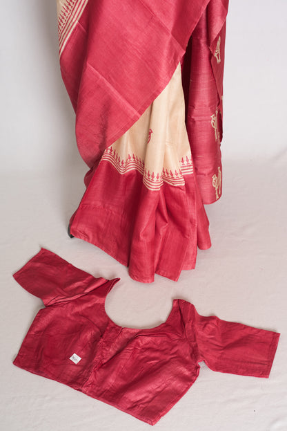 Mahi : Cream and Pink Bird Block Printed Tussar Silk Saree with 38 Size Blouse image 1