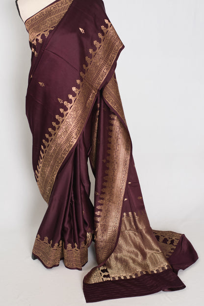 Ruuh | Wine Premium Mashru Banarasi Silk Saree | Antique Gold Zari Weaving image 5