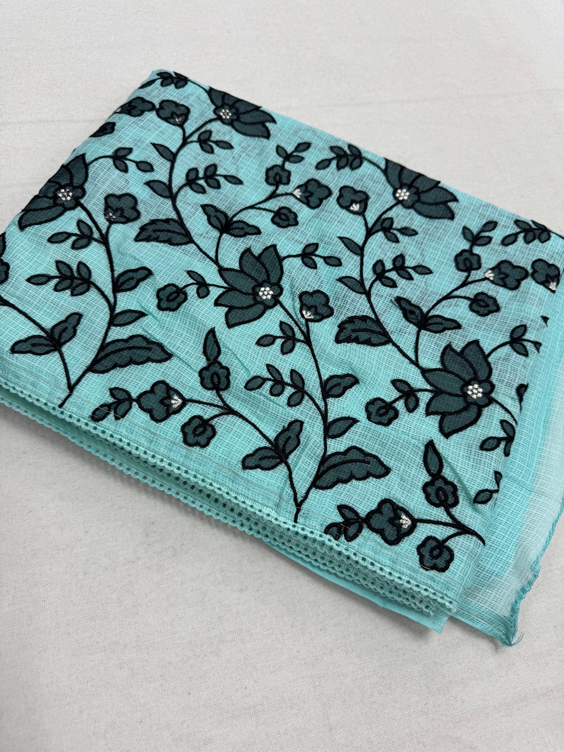 Dhriti | Turquoise Blue & Black Semi Kota Silk Saree | Artistic Floral Appliqué image 1