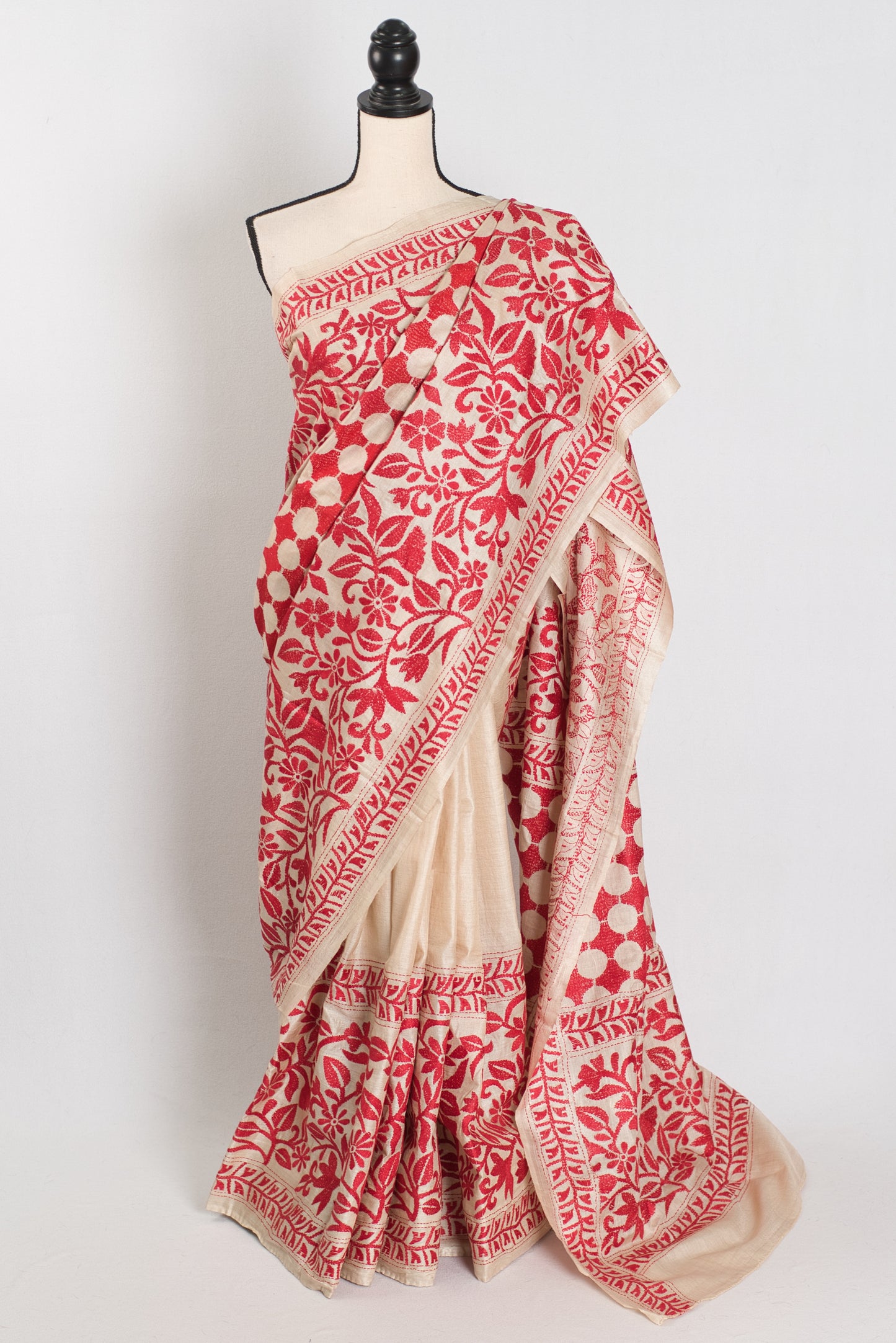 Ahiri | Beige and Red Kantha Stitch Gachi Tussar Silk Saree image 2