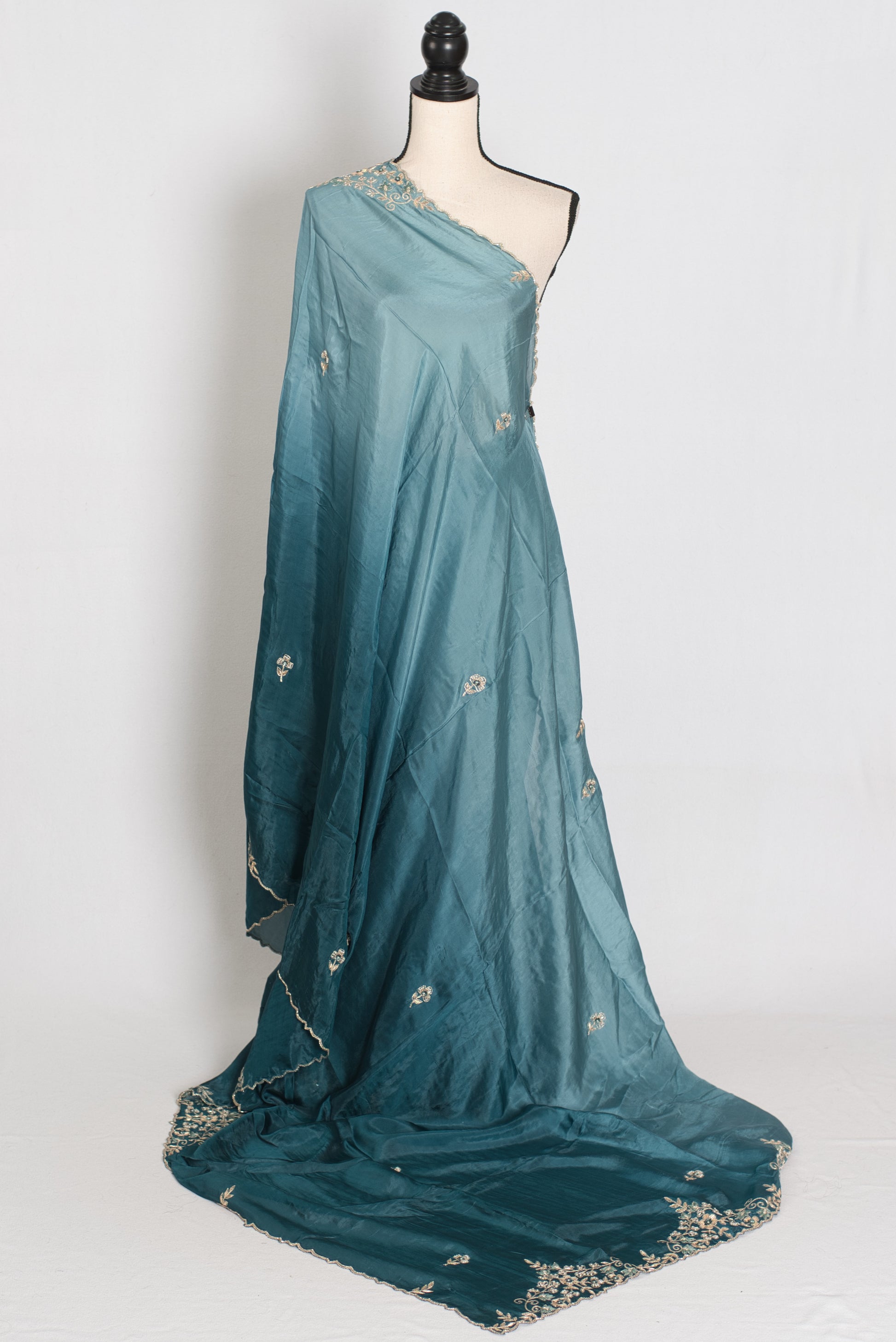Nadia | Teal Green Shaded Soft Organza Saree | Zardosi Hand Embroidery image 2