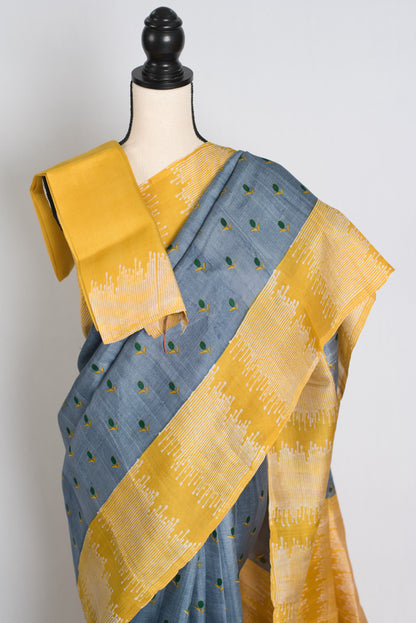 Sanj : Exclusive Hand Block Printed Bishnupur Silk Saree in Grey and Yellow image 2