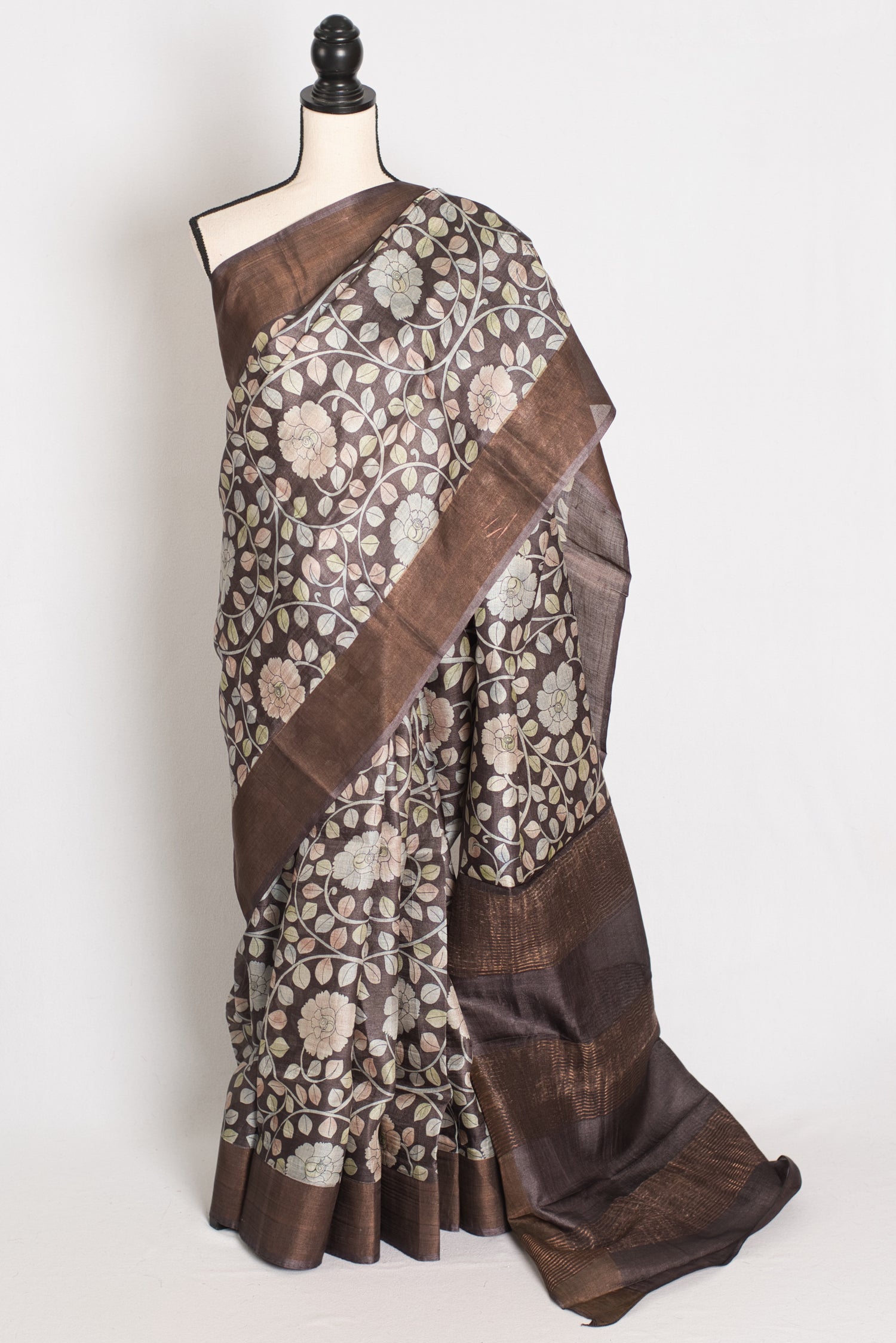 Dhriti : Dark Brown Kalamkari Printed Tussar Silk Saree | Silk Mark Certified image 0