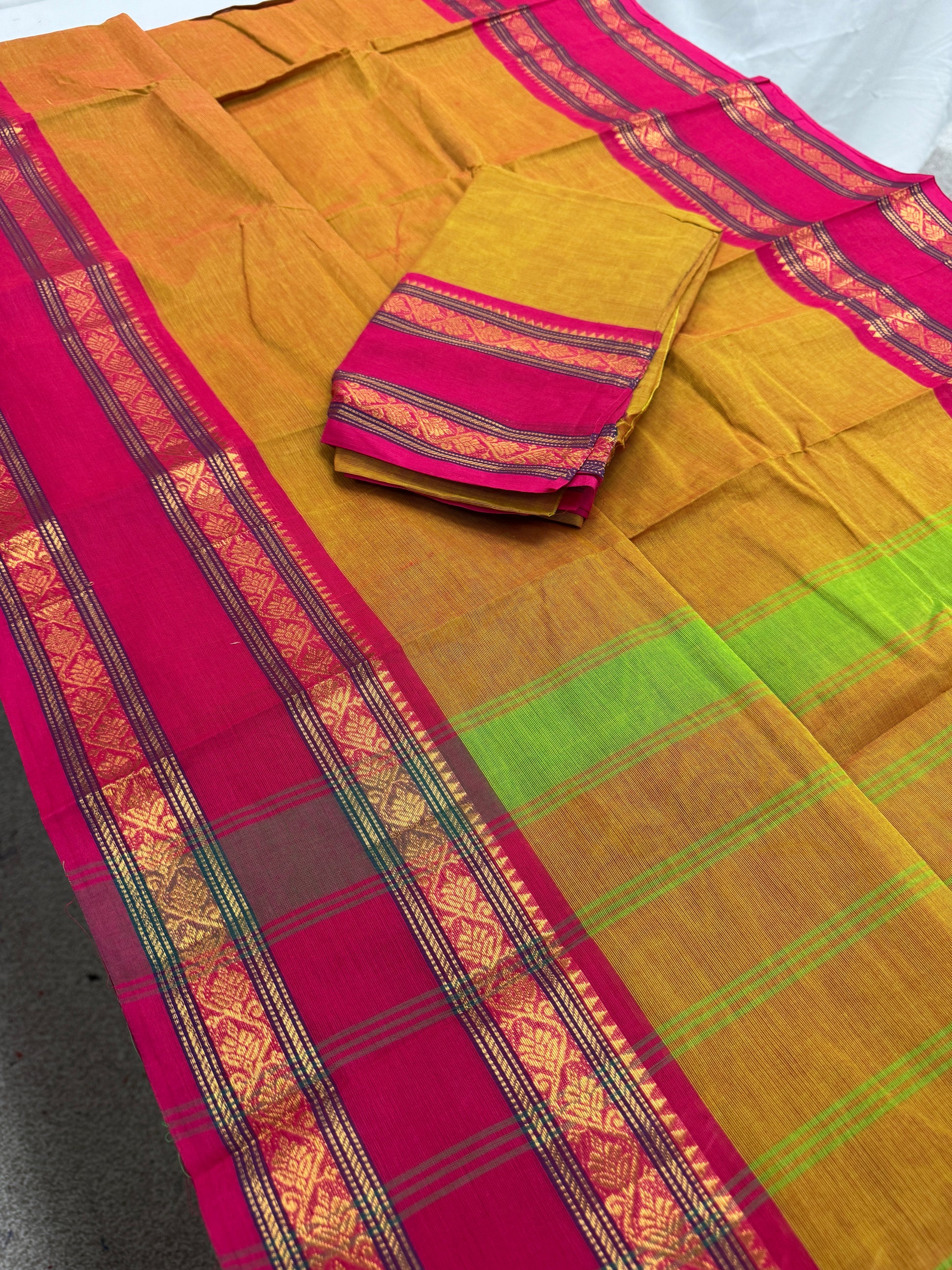 Vrinda : Handwoven Kanchi Cotton Saree in Orangish Yellow with Rani Pink image 1