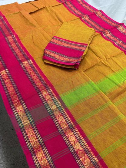Vrinda : Handwoven Kanchi Cotton Saree in Orangish Yellow with Rani Pink image 1