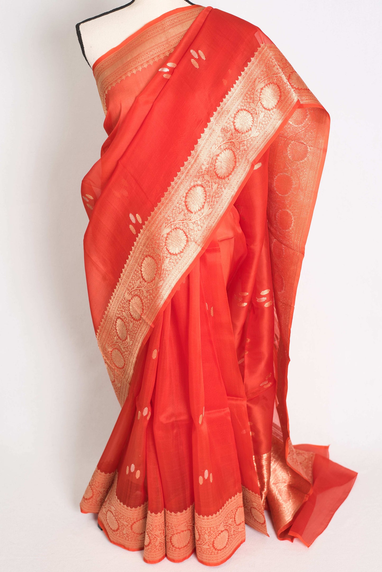 Ila : Silk Mark Certified Reddish Orange Organza Banarasi Saree with Golden Zari image 6