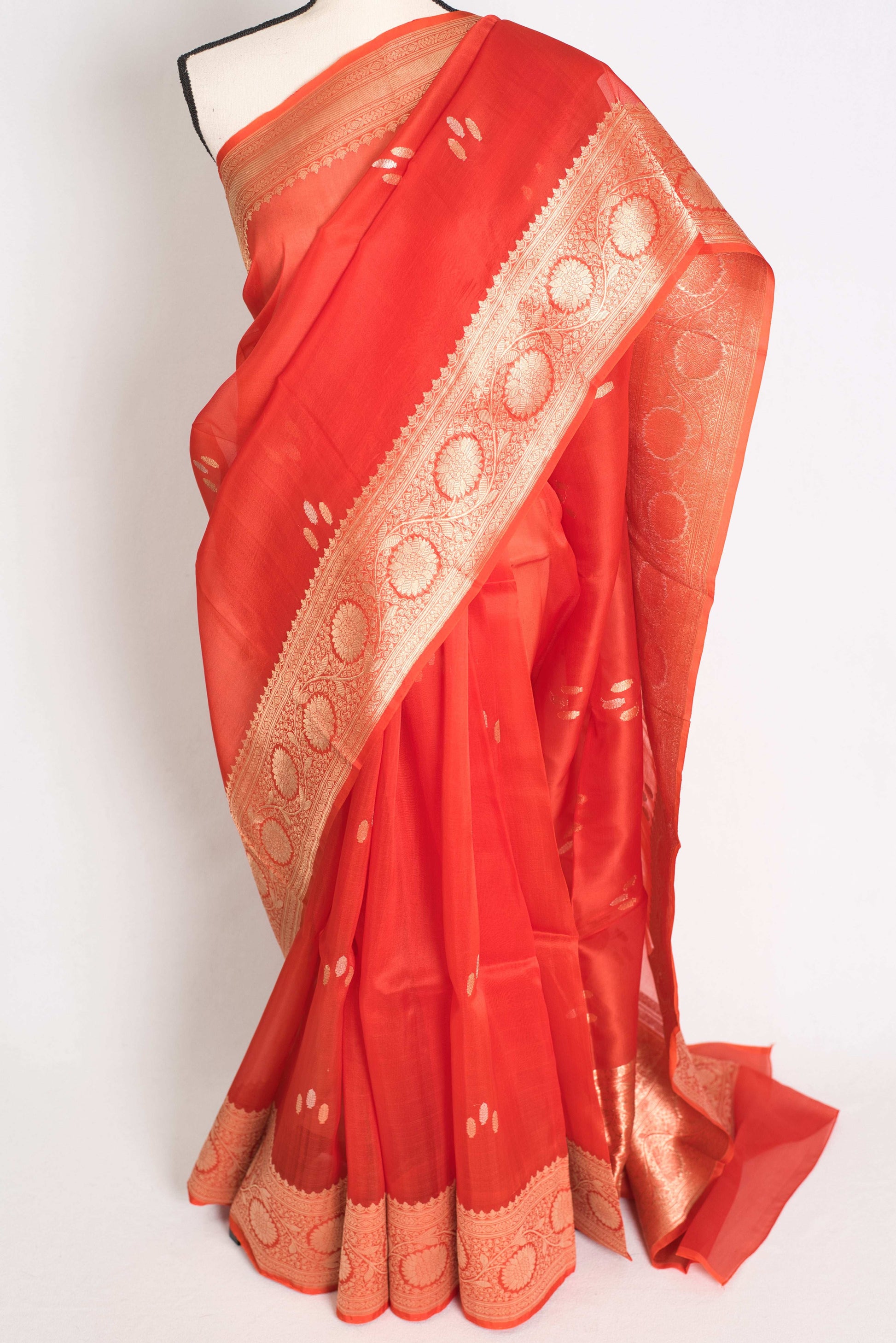 Ila : Silk Mark Certified Reddish Orange Organza Banarasi Saree with Golden Zari image 6