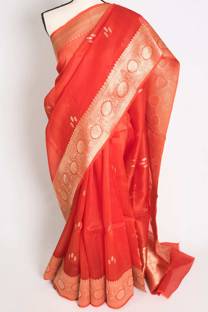 Ila : Silk Mark Certified Reddish Orange Organza Banarasi Saree with Golden Zari image 6