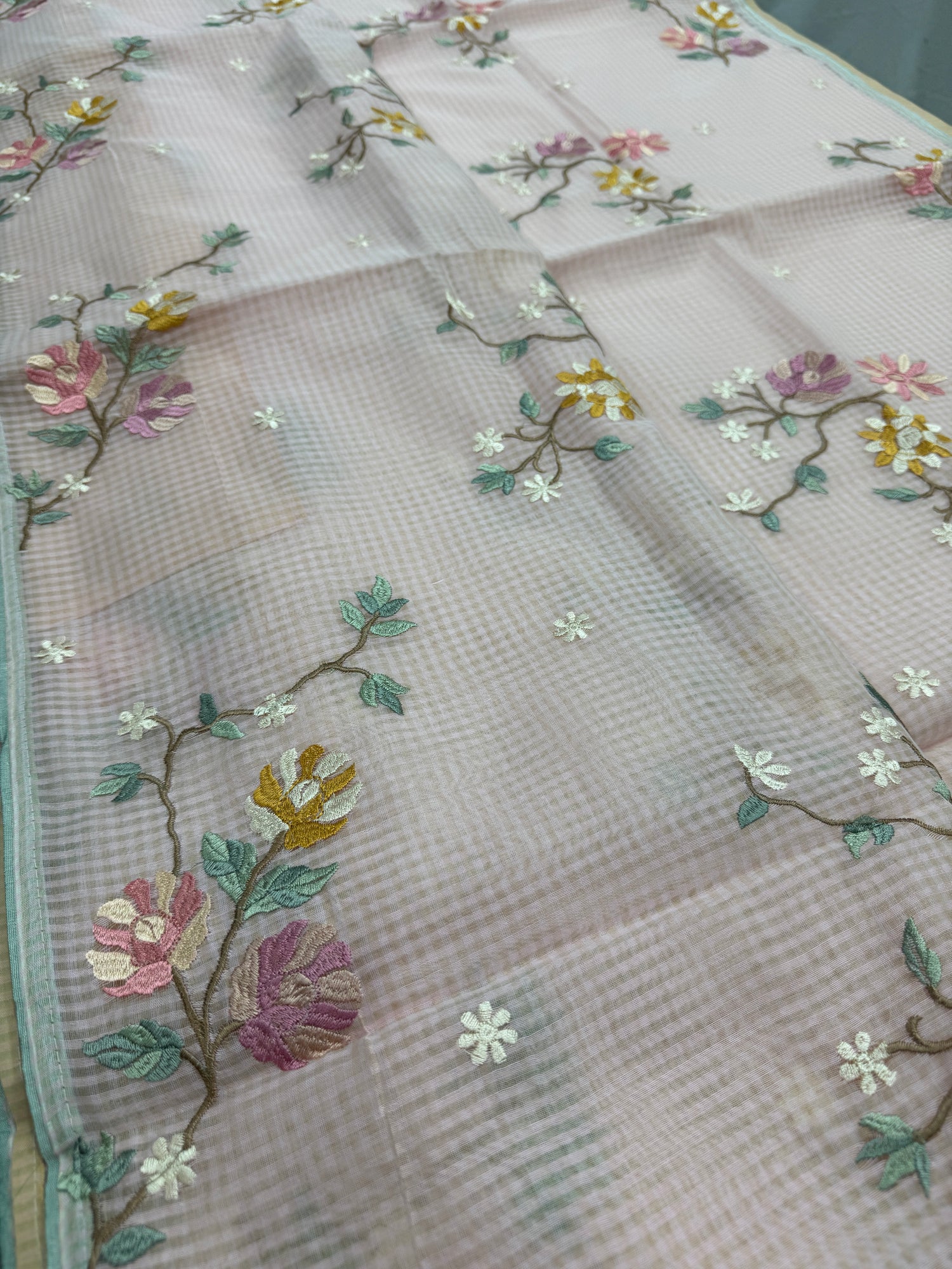Rohini | Pink Floral Embroidery Blended Cotton Kota Saree image 0