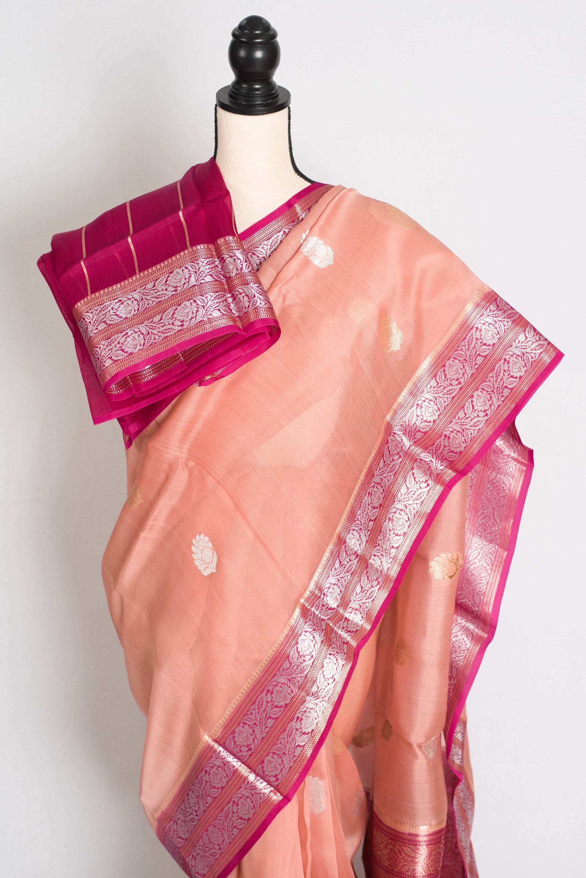 Bidisha : Silk Mark Certified Peach Organza Banarasi Saree with Silver Zari