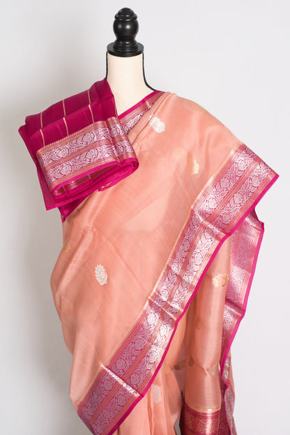 Bidisha : Silk Mark Certified Peach Organza Banarasi Saree with Silver Zari image 2