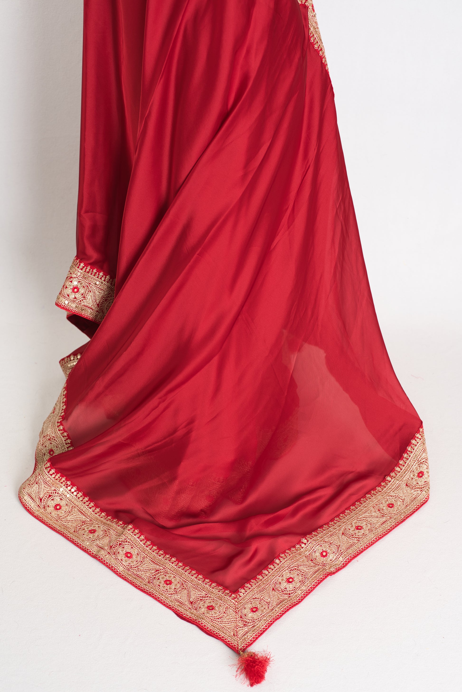 Noor : Dark Red Patch Border Designer Satin Silk Partywear Saree image 3