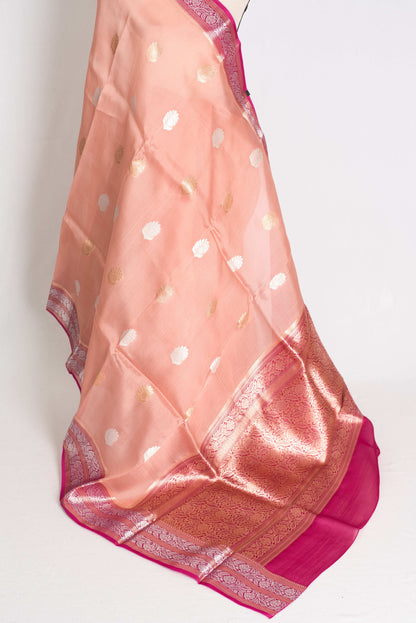 Bidisha : Silk Mark Certified Peach Organza Banarasi Saree with Silver Zari
