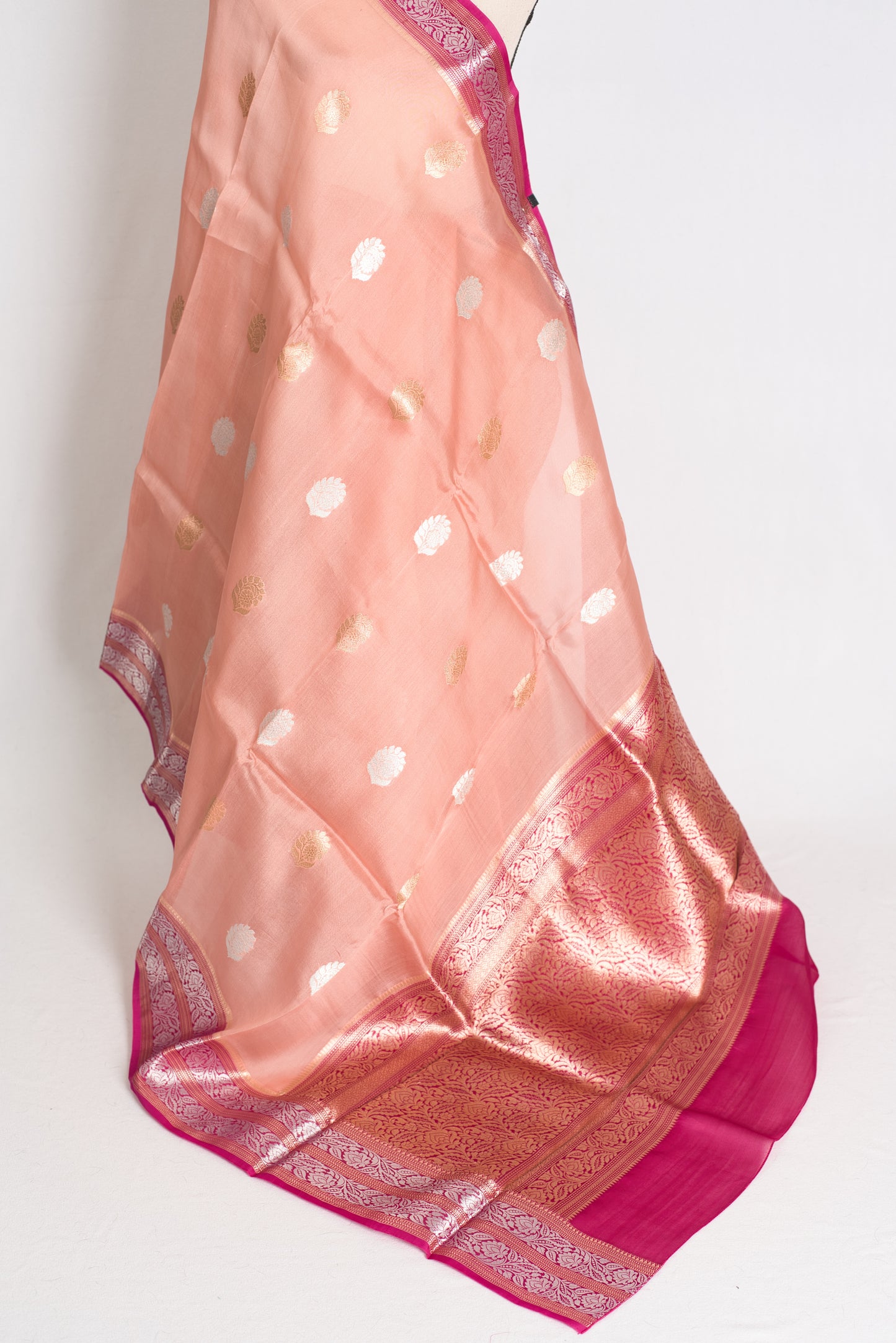 Bidisha : Silk Mark Certified Peach Organza Banarasi Saree with Silver Zari image 3