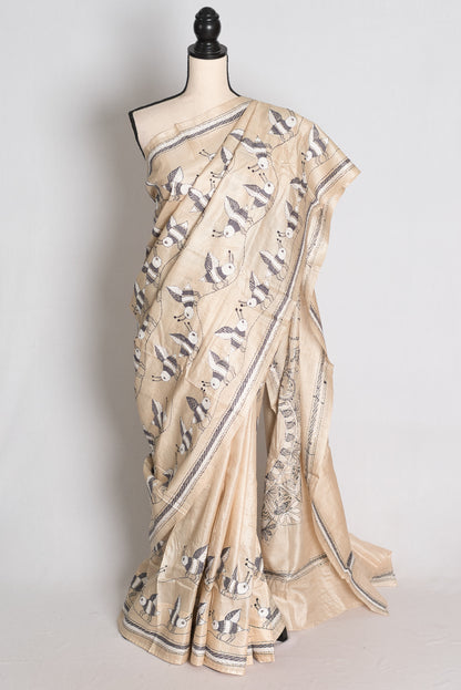 Bhromor: Hand-Embroidered Kantha Stitch Gachi Tussar Silk Saree image 0