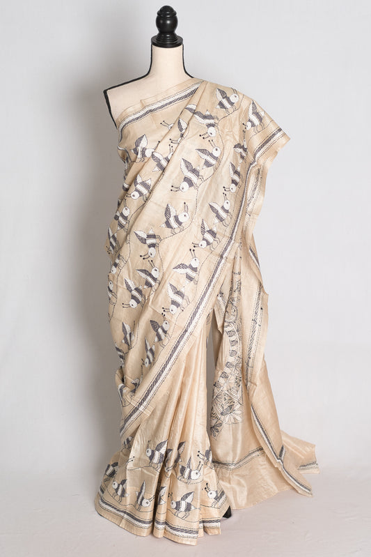 Bhromor: Hand-Embroidered Kantha Stitch Gachi Tussar Silk Saree image 0
