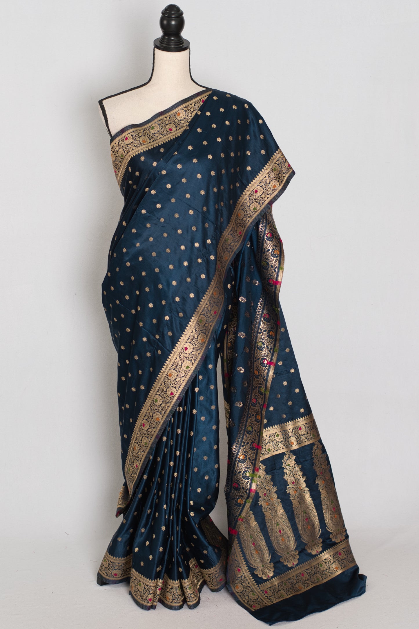 Nayan | Midnight Blue Semi Mashru Banarasi Saree | Pre-Stitched Size 38 Blouse image 0