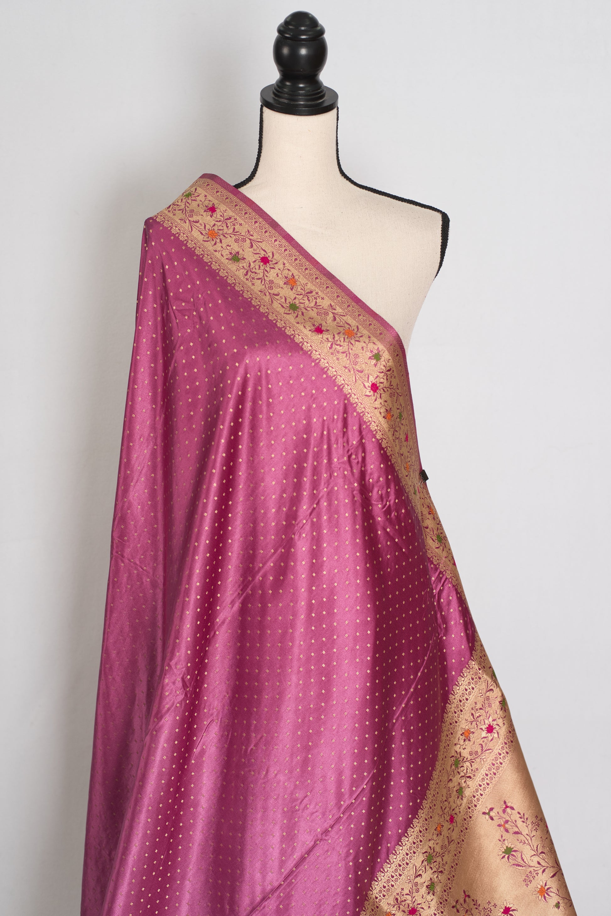 Indrani | Purplish Pink Semi Mashru Banarasi Saree | Pre-Stitched Size 36 Blouse image 5