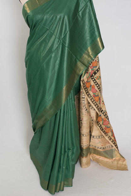 Bina : Dark Green Staple Tussar Saree | Hand-Painted Madhubani Pallu image 6