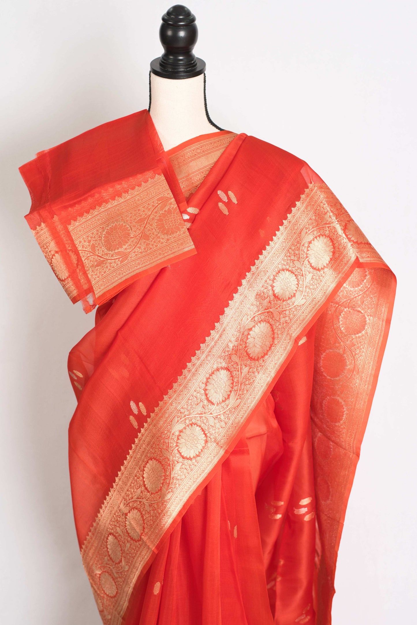 Ila : Silk Mark Certified Reddish Orange Organza Banarasi Saree with Golden Zari image 2